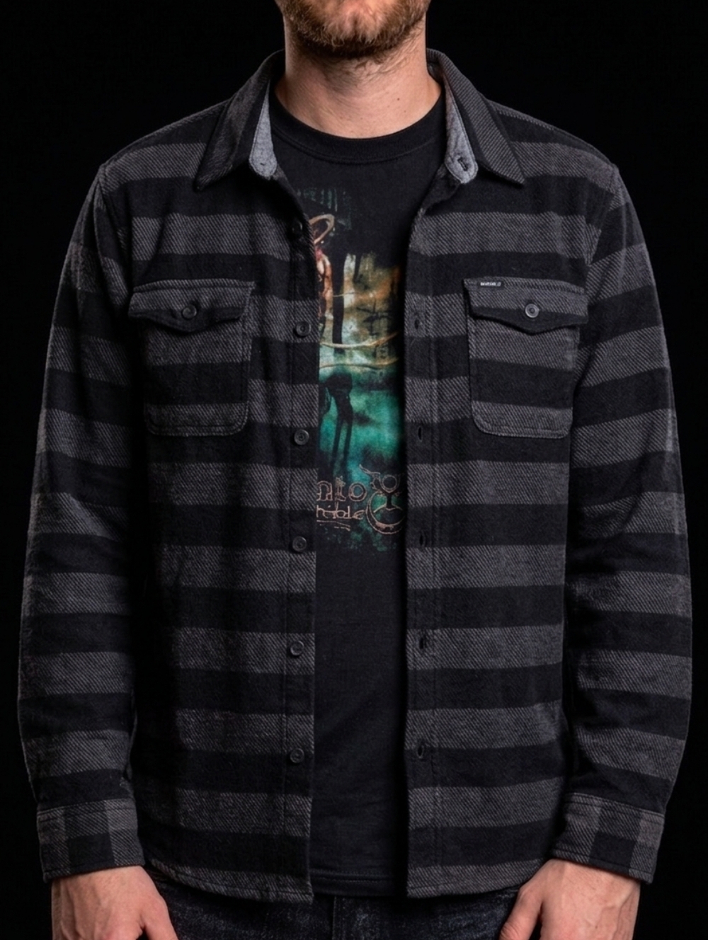 O'Neill Men's XL Black & Grey Striped Heavyweight Cotton Button-Down Shirt